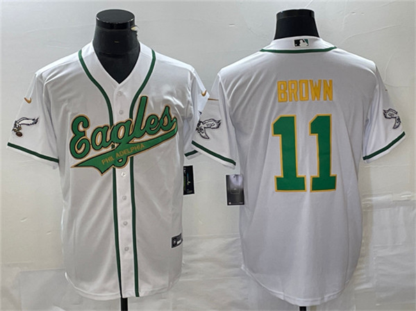 Men’s Philadelphia Eagles #11 A. J. Brown White Gold Cool Base Baseball Stitched Jersey