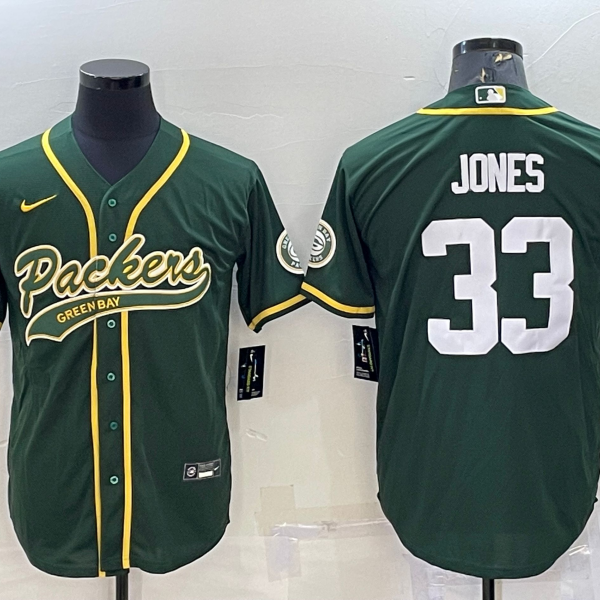 Men’s Green Bay Packers #33 Aaron Jones Green With Patch Cool Base Stitched Baseball Jersey