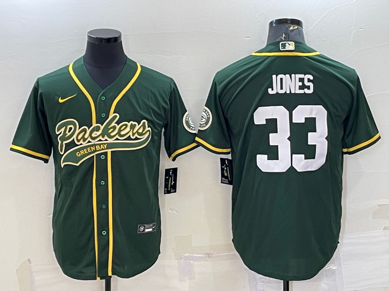 Men’s Green Bay Packers #33 Aaron Jones Green With Patch Cool Base Stitched Baseball Jersey