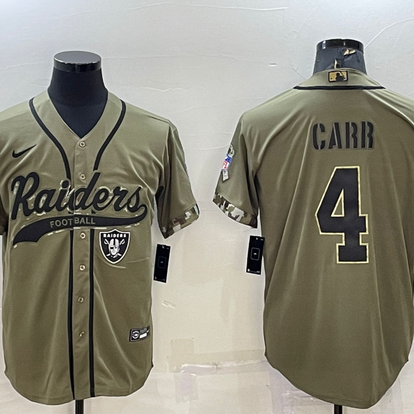 Men’s Las Vegas Raiders #4 Derek Carr 2022 Olive Salute to Service Cool Base Stitched Baseball Jersey