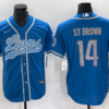 Men’s Detroit Lions #14 Amon Ra St Brown Blue With Patch Cool Base Stitched Baseball Jersey
