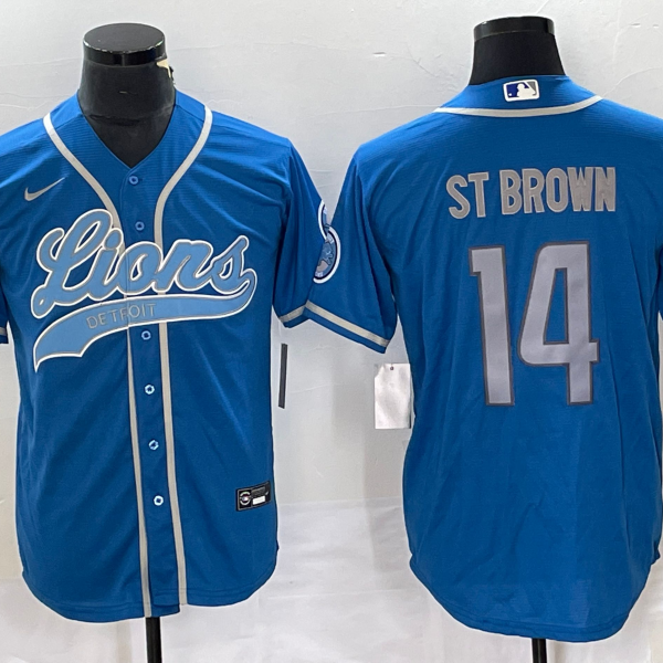 Men’s Detroit Lions #14 Amon Ra St Brown Blue With Patch Cool Base Stitched Baseball Jersey