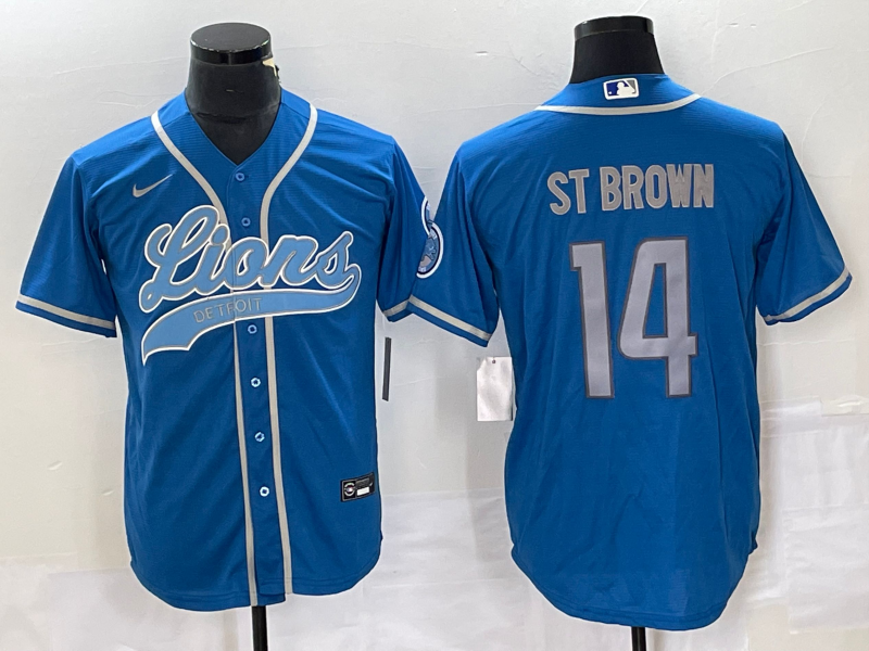 Men’s Detroit Lions #14 Amon Ra St Brown Blue With Patch Cool Base Stitched Baseball Jersey