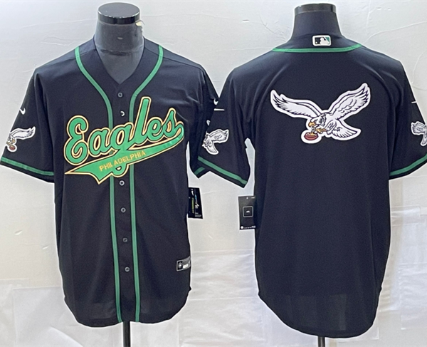Mens Philadelphia Eagles Black Team Big Logo Cool Base Stitched Baseball Jersey