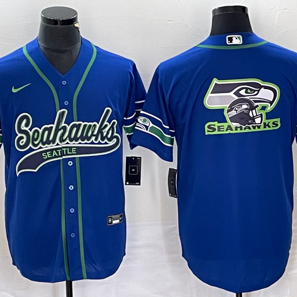 Men’s Seattle Seahawks Big Logo Blue With Patch Cool Base Stitched Baseball Jersey