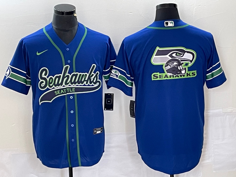 Men’s Seattle Seahawks Big Logo Blue With Patch Cool Base Stitched Baseball Jersey
