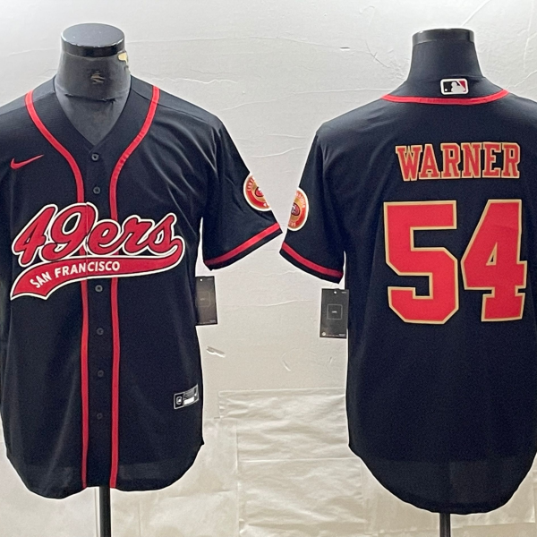 Men’s San Francisco 49ers #54 Fred Warner Black Red With Patch Cool Base Stitched Baseball Jersey