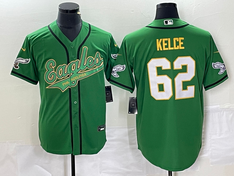 Men’s Philadelphia Eagles #62 Jason Kelce Green Gold Cool Base Stitched Baseball Jersey