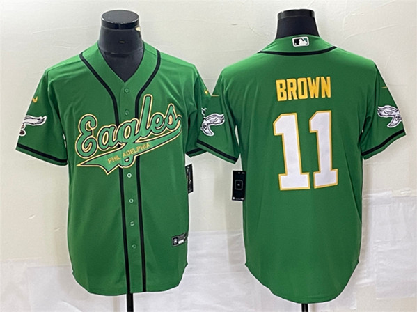 Men’s Philadelphia Eagles #11 A. J. Brown Green Gold Cool Base Baseball Stitched Jersey