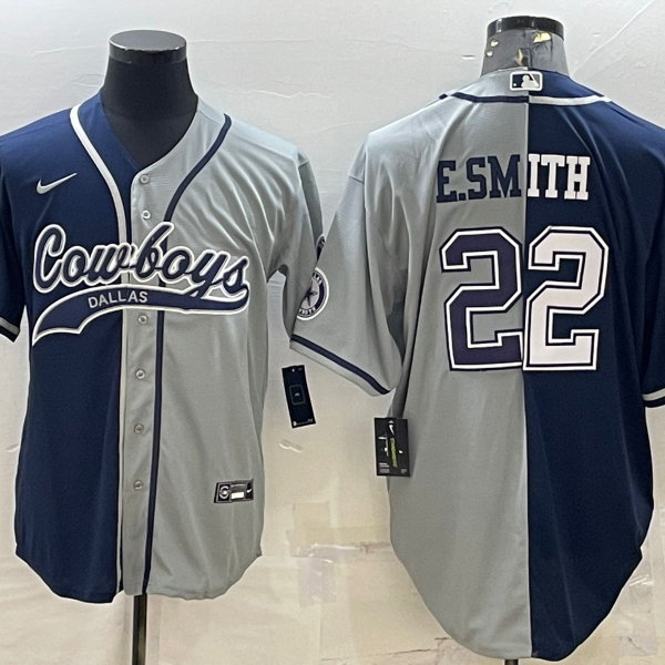 Men’s Dallas Cowboys #22 Emmitt Smith Navy Grey Split With Patch Cool Base Stitched Baseball Jersey
