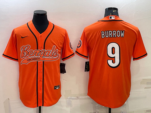 Men’s Cincinnati Bengals #9 Joe Burrow Orange With Patch Cool Base Stitched Baseball Jersey