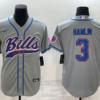 Men’s Buffalo Bills #3 Damar Hamlin Grey With Patch Cool Base Stitched Baseball Jersey