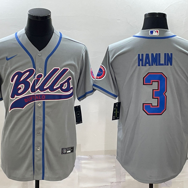 Men’s Buffalo Bills #3 Damar Hamlin Grey With Patch Cool Base Stitched Baseball Jersey