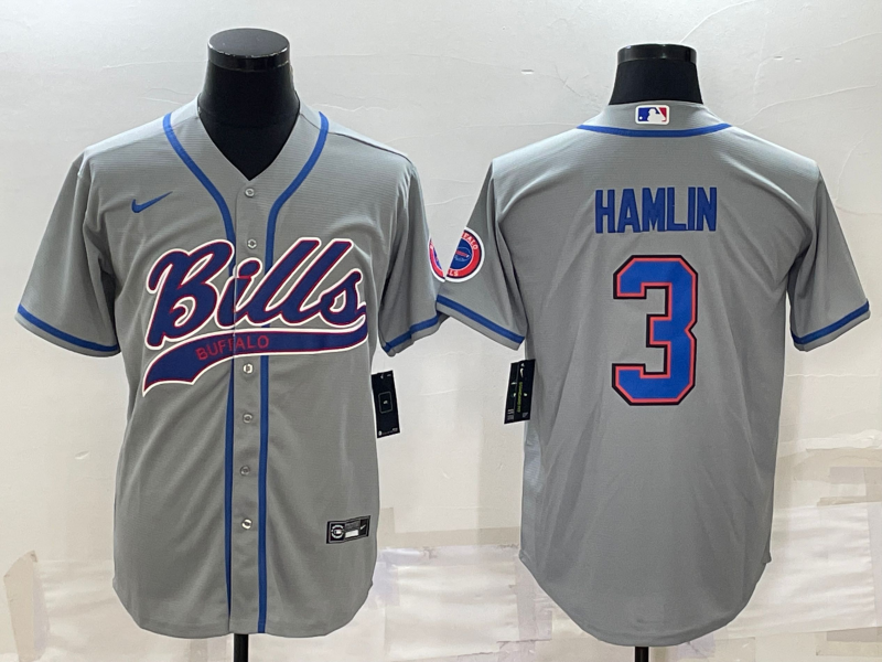 Men’s Buffalo Bills #3 Damar Hamlin Grey With Patch Cool Base Stitched Baseball Jersey