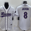 Men’s Baltimore Ravens #8 Lamar Jackson White With Patch Cool Base Stitched Baseball Jersey
