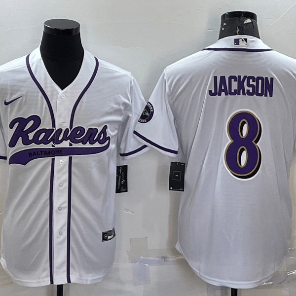 Men’s Baltimore Ravens #8 Lamar Jackson White With Patch Cool Base Stitched Baseball Jersey