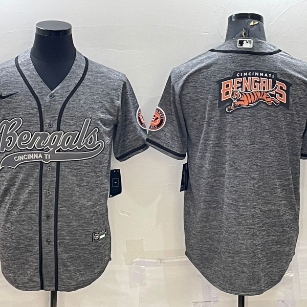Men’s Cincinnati Bengals Grey Gridiron Team Big Logo Cool Base Stitched Baseball Jersey