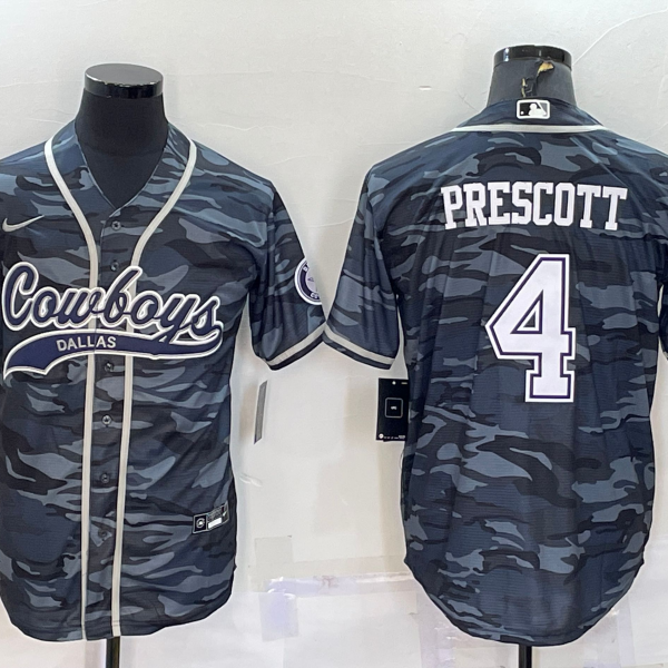 Men’s Dallas Cowboys #4 Dak Prescott Grey Camo With Patch Cool Base Stitched Baseball Jersey