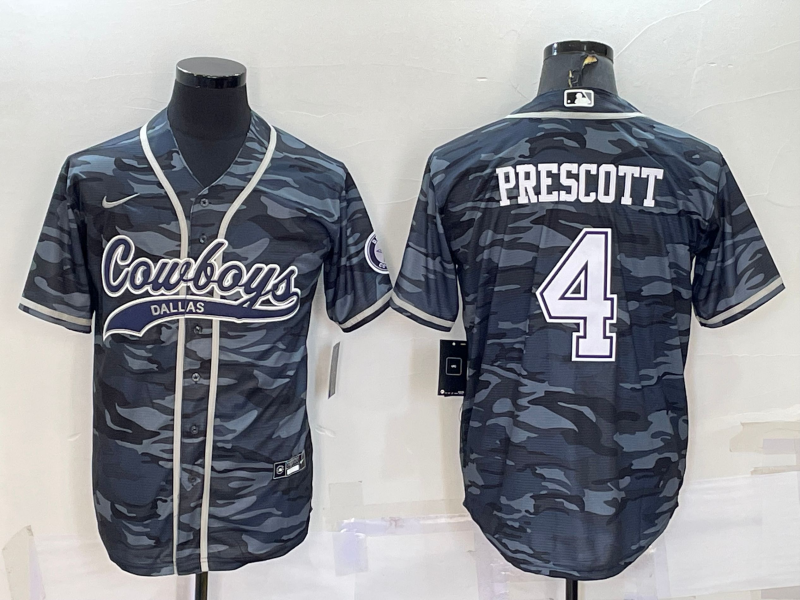 Men’s Dallas Cowboys #4 Dak Prescott Grey Camo With Patch Cool Base Stitched Baseball Jersey