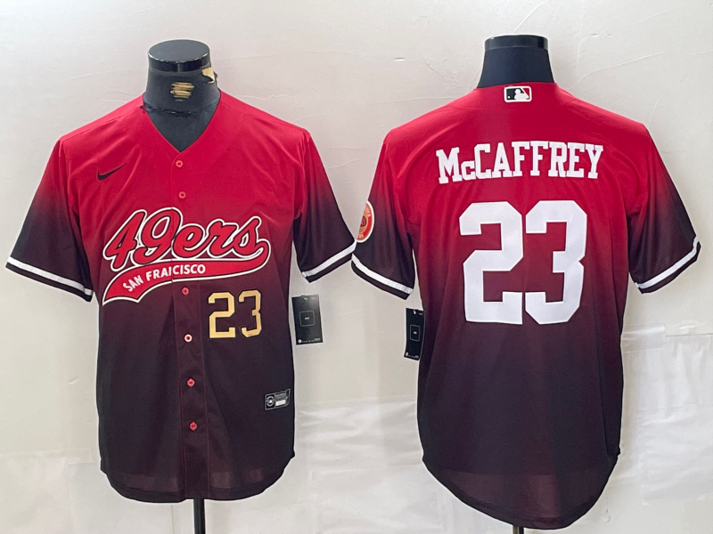 Men’s San Francisco 49ers #23 Christian McCaffrey Red Black With Patch Cool Base Baseball Stitched Jerseys