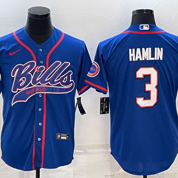 Men’s Buffalo Bills #3 Damar Hamlin Blue With Patch Cool Base Stitched Baseball Jersey