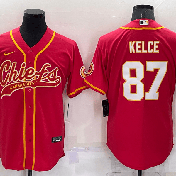 Men’s Kansas City Chiefs #87 Travis Kelce Red Stitched Cool Base Nike Baseball Jersey