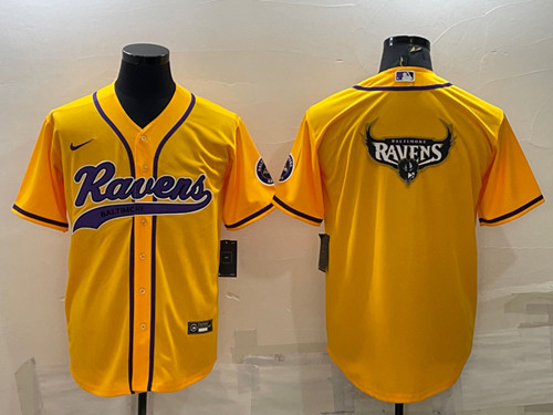 Men’s Baltimore Ravens Yellow Team Big Logo With Patch Cool Base Stitched Baseball Jersey