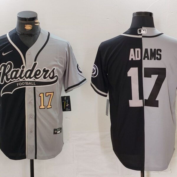 Men’s Las Vegas Raiders #17 Davante Adams Number Grey Black Split Cool Base Stitched Baseball Jersey