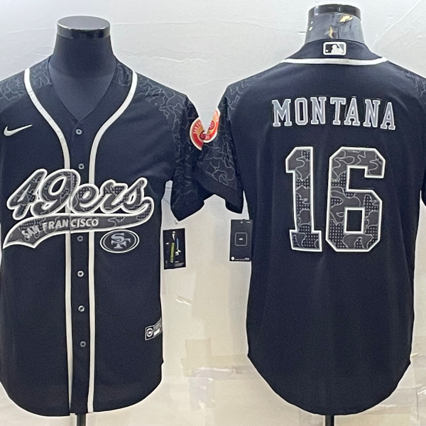 Men’s San Francisco 49ers #16 Joe Montana Black Reflective With Patch Cool Base Stitched Baseball Jersey