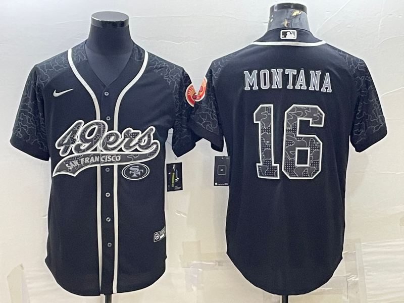 Men’s San Francisco 49ers #16 Joe Montana Black Reflective With Patch Cool Base Stitched Baseball Jersey