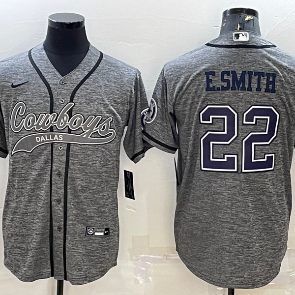 Men’s Dallas Cowboys #22 Emmitt Smith Grey Gridiron With Patch Cool Base Stitched Baseball Jersey
