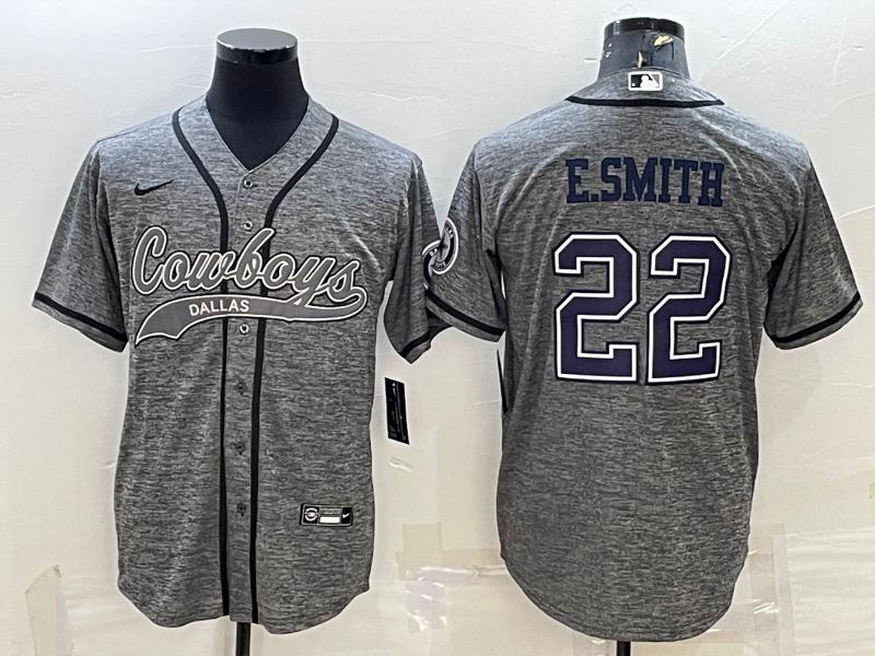 Men’s Dallas Cowboys #22 Emmitt Smith Grey Gridiron With Patch Cool Base Stitched Baseball Jersey
