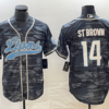 Men’s Detroit Lions #14 Amon Ra St Brown Grey Camo With Patch Cool Base Stitched Baseball Jersey