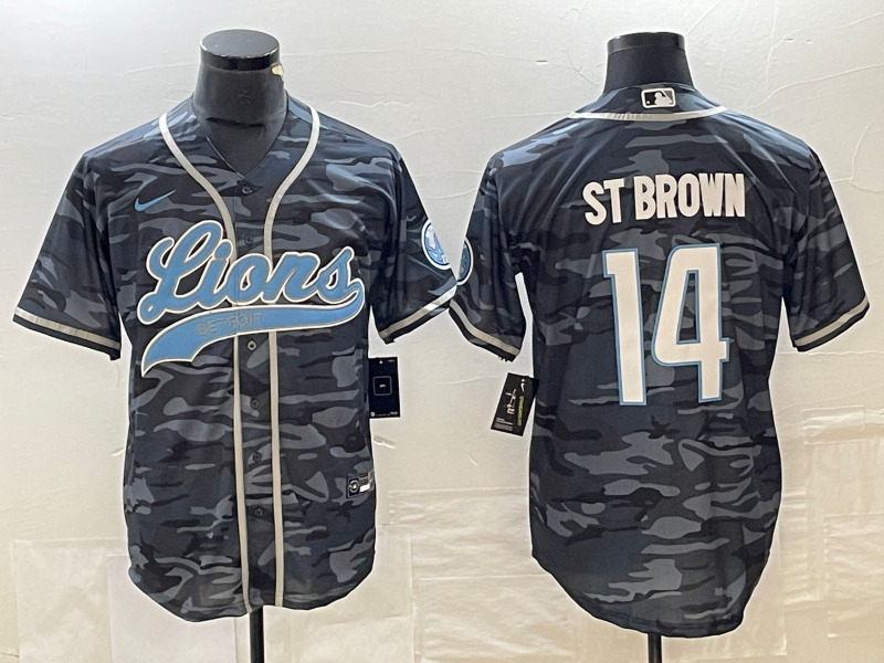 Men’s Detroit Lions #14 Amon Ra St Brown Grey Camo With Patch Cool Base Stitched Baseball Jersey