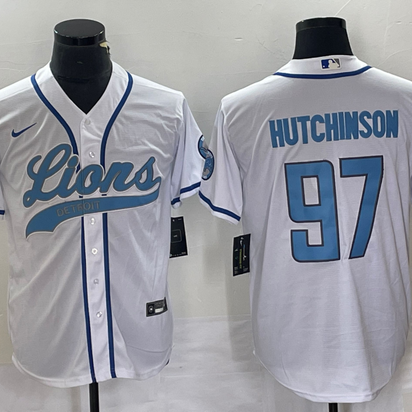 Men’s Detroit Lions #97 Aidan Hutchinson White With Patch Cool Base Stitched Baseball Jersey