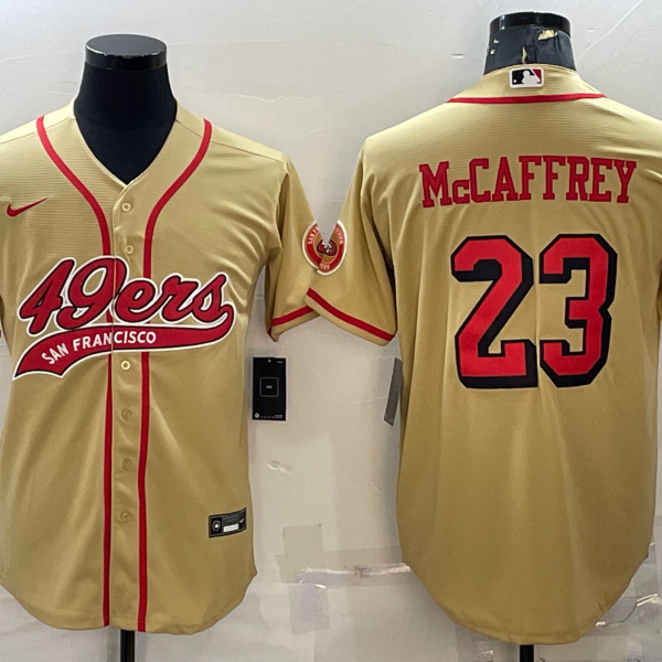 Men’s San Francisco 49ers #23 Christian McCaffrey Gold Color Rush With Patch Cool Base Stitched Baseball Jersey