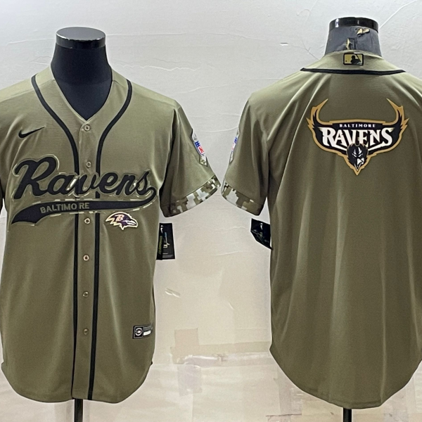 Men’s Baltimore Ravens Olive Salute to Service Team Big Logo Cool Base Stitched Baseball Jersey