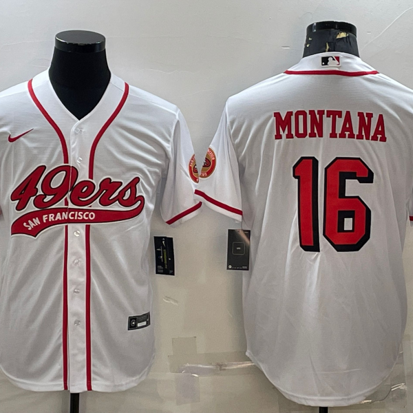 Men’s San Francisco 49ers #16 Joe Montana New White With Patch Cool Base Stitched Baseball Jersey