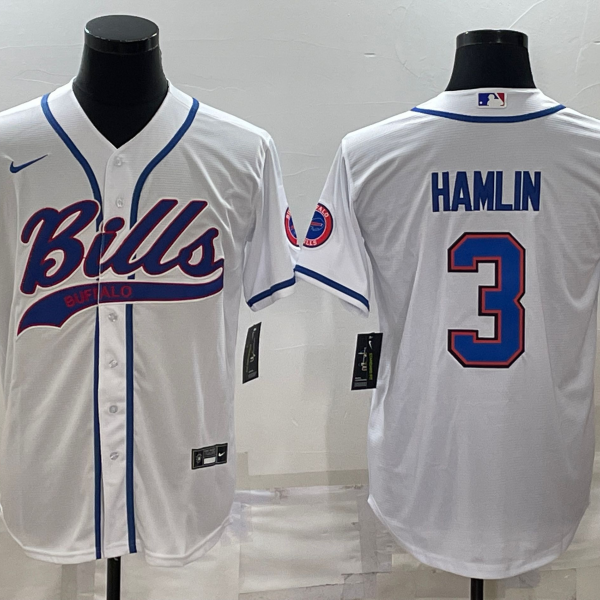 Men’s Buffalo Bills #3 Damar Hamlin White With Patch Cool Base Stitched Baseball Jersey