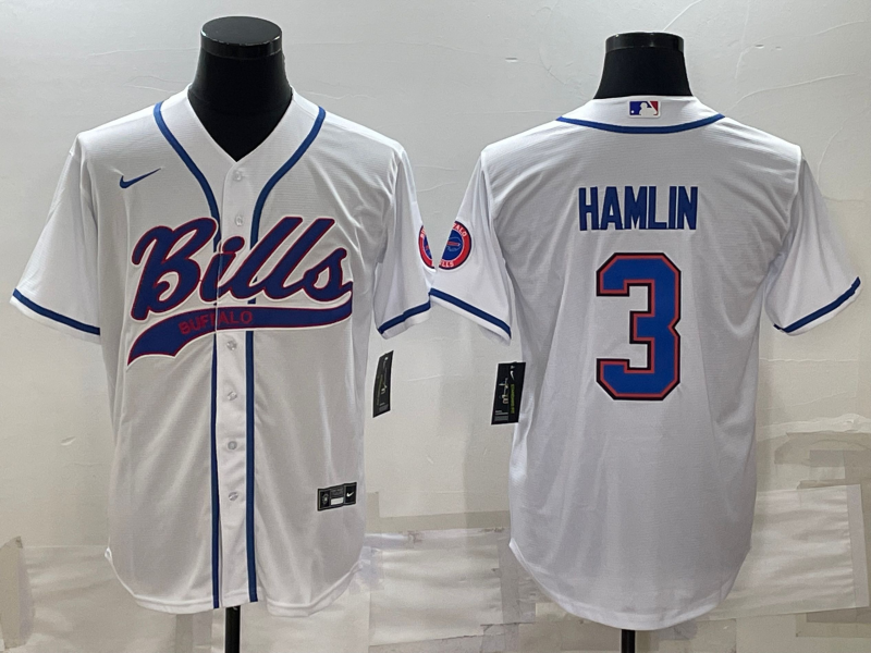 Men’s Buffalo Bills #3 Damar Hamlin White With Patch Cool Base Stitched Baseball Jersey