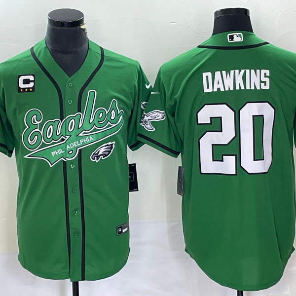 Men’s Philadelphia Eagles #20 Brian Dawkins Green C Patch Cool Base Stitched Baseball Jersey