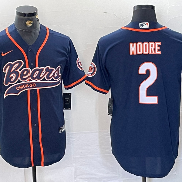 Men’s Chicago Bears #2 DJ Moore Navy BlueWith Patch Cool Base Stitched Baseball Jersey