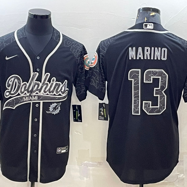 Men’s Miami Dolphins #13 Dan Marino Black Reflective With Patch Cool Base Stitched Baseball Jersey