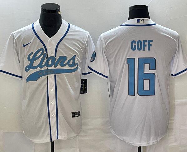 Men’s Detroit Lions #16 Jared Goff White Cool Base Stitched Baseball Jersey