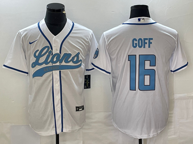 Men’s Detroit Lions #16 Jared Goff White Cool Base Stitched Baseball Jersey