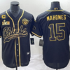 Men’s Kansas City Chiefs #15 Patrick Mahomes Black Gold C Patch Super Bowl LVII Cool Base Stitched Baseball Jersey
