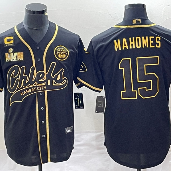 Men’s Kansas City Chiefs #15 Patrick Mahomes Black Gold C Patch Super Bowl LVII Cool Base Stitched Baseball Jersey
