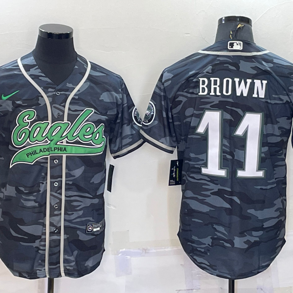 Men’s Philadelphia Eagles #11 AJ Brown Grey Camo With Patch Cool Base Stitched Baseball Jersey
