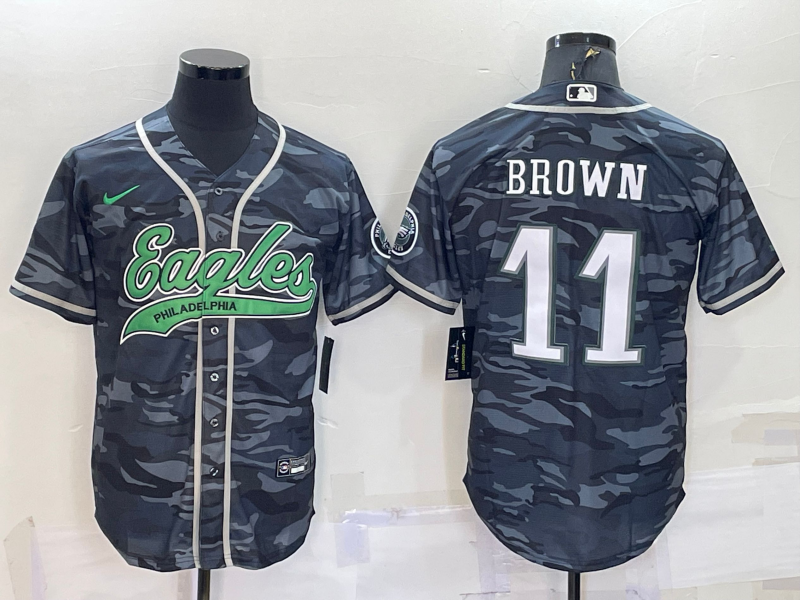 Men’s Philadelphia Eagles #11 AJ Brown Grey Camo With Patch Cool Base Stitched Baseball Jersey