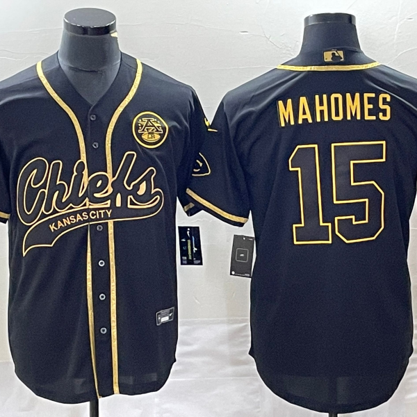 Men’s Kansas City Chiefs #15 Patrick Mahomes Black Gold Super Bowl LVII Cool Base Stitched Baseball Jersey